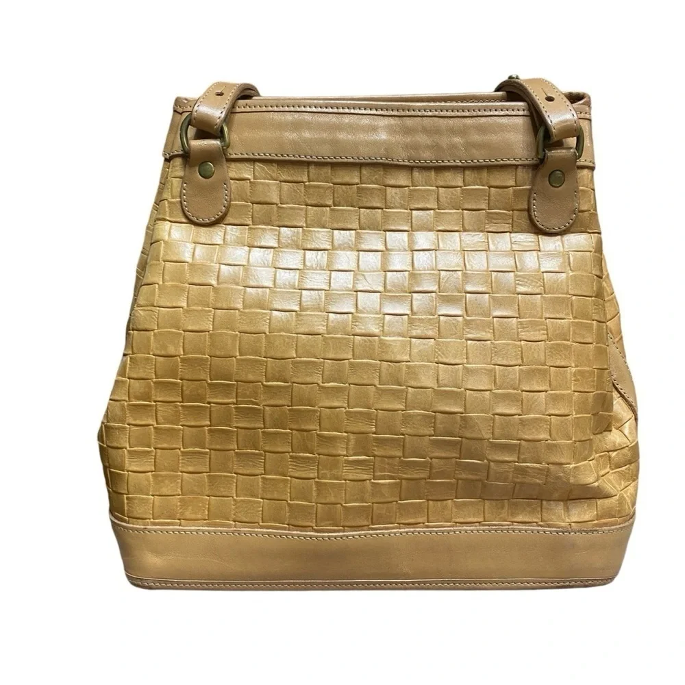 Brahmin Tan Leather Weave Textured Top Carry Shoulder Bag Vintage Bucket Bag